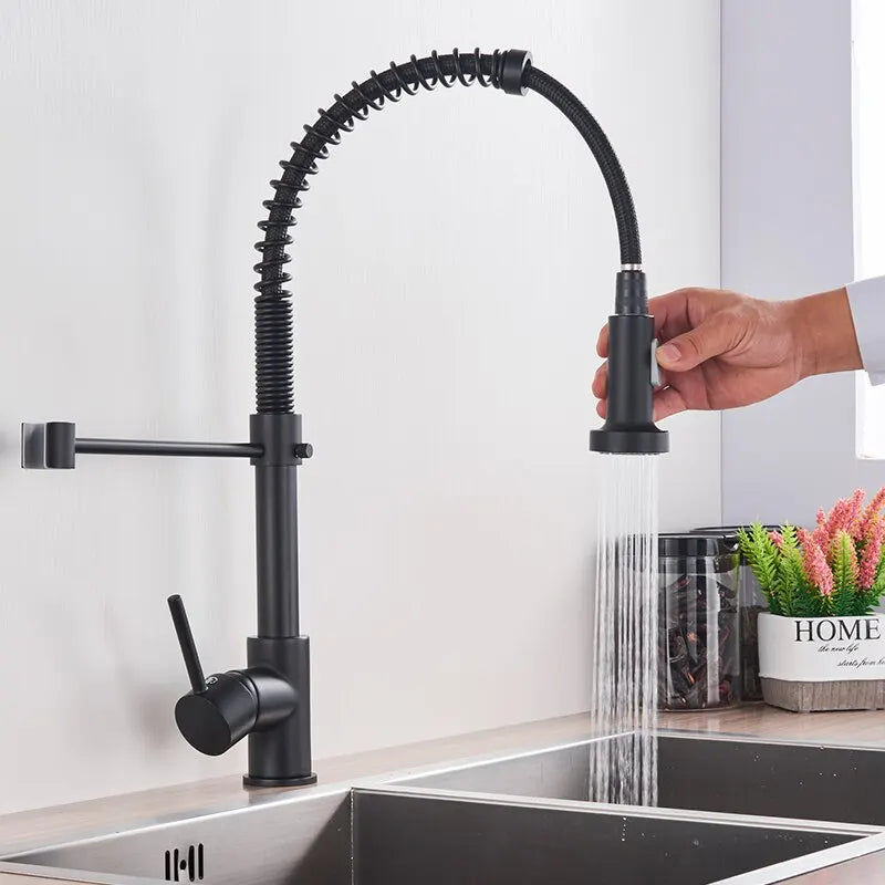 🚰 Pull-Down Kitchen Faucet – Matte Black Brass Spring Faucet with Dual Mode Nozzle | Hot &amp; Cold Mixer Tap for Single-Hole Sink Installation