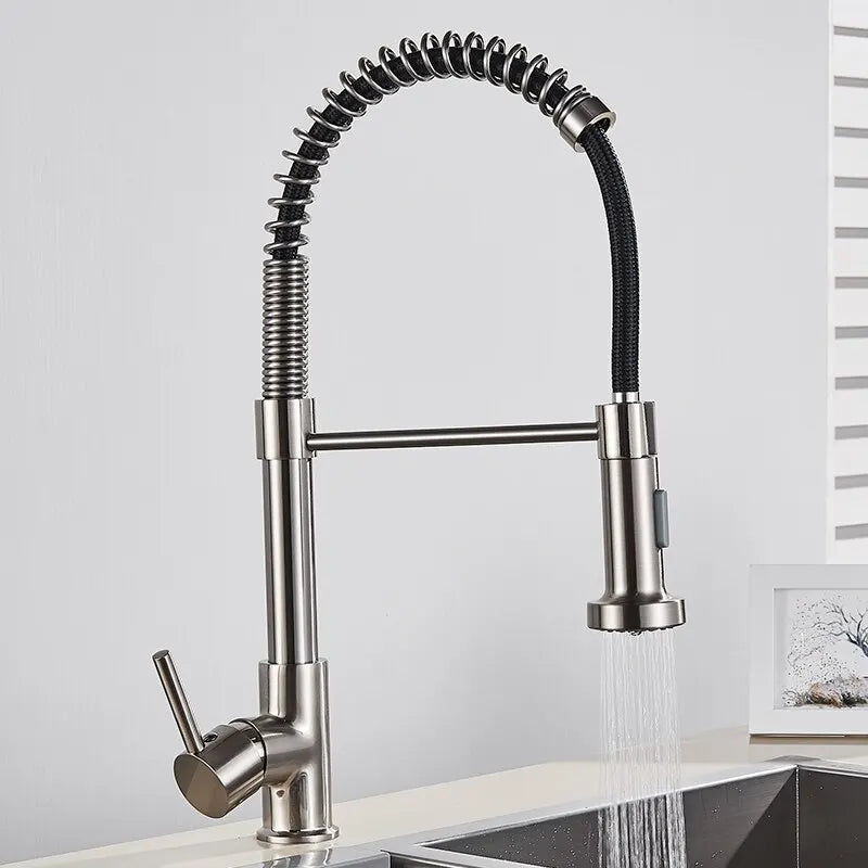 🚰 Pull-Down Kitchen Faucet – Matte Black Brass Spring Faucet with Dual Mode Nozzle | Hot &amp; Cold Mixer Tap for Single-Hole Sink Installation